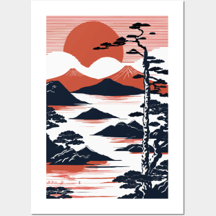 Japanese landscape with sunset, woodblock Posters and Art